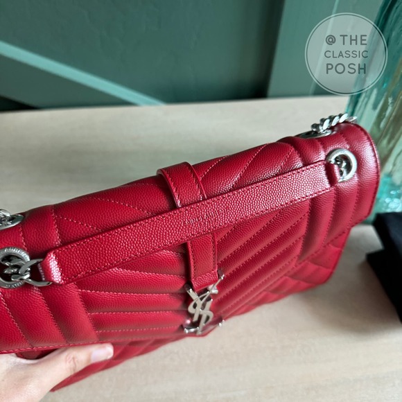 EUC Saint Laurent YSL Triquilt Medium Envelope Flap Pebbled Silver HW - Picture 4 of 13